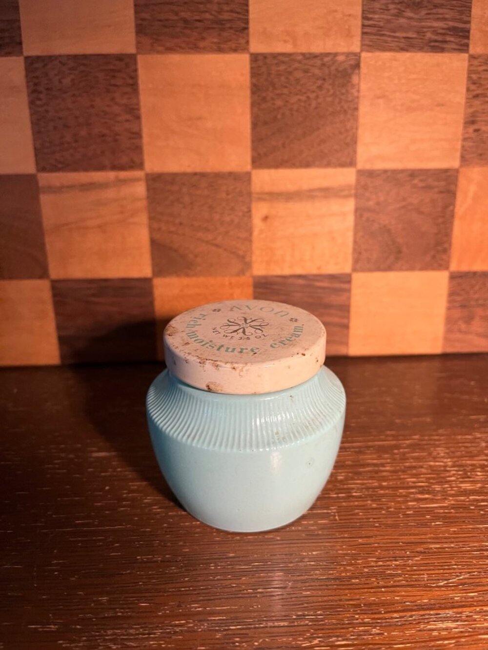 Avon 1960’s Turquoise Moisturizer Jar A117, Lid Shows Wear
